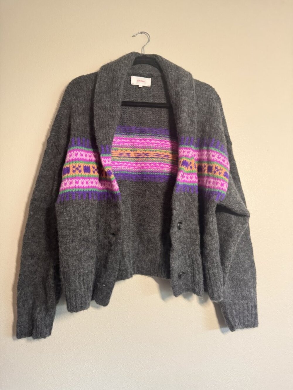 Xirena Waylon Baby Alpaca Wool Fair Isle Cardigan Medium Heather Charcoal